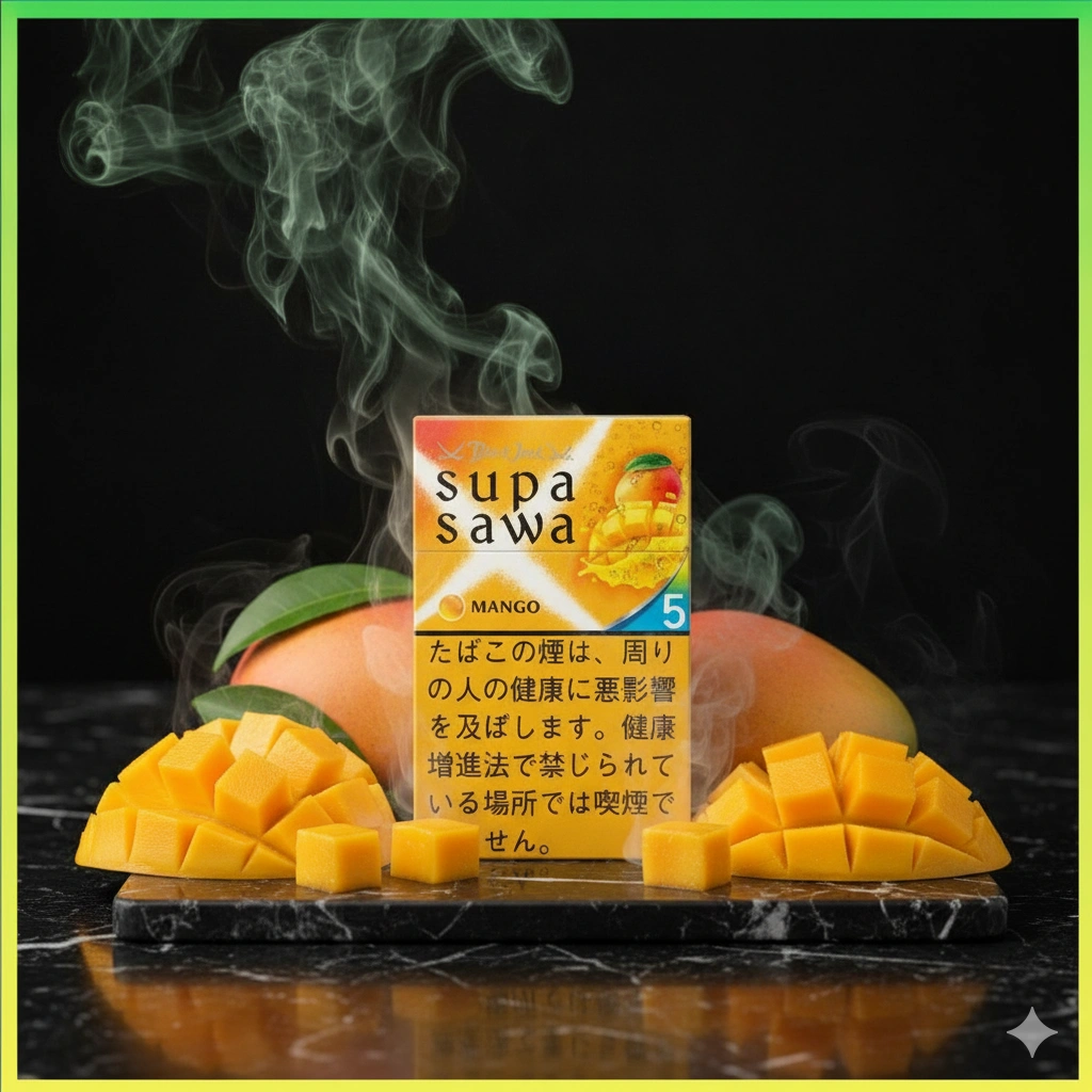 Ultra realistic Black Jack Supasawa Mango cigarette advertisement, premium Japanese fruit flavored cigarette pack