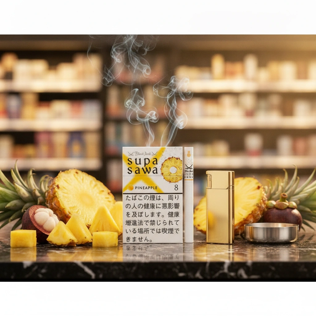 Luxury Japanese tropical lifestyle scene featuring Black Jack Supasawa Pineapple cigarette pack