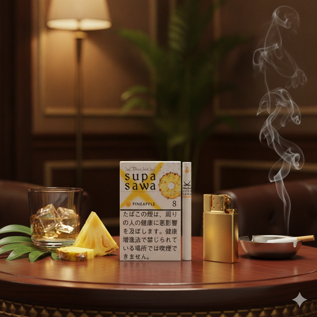 Premium Black Jack Supasawa Pineapple cigarette pack standing on black marble surface, surrounded by fresh pineapple slices