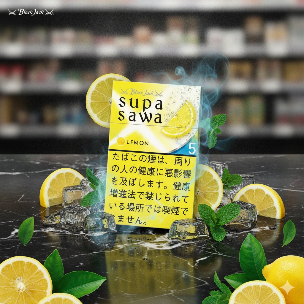 Premium Black Jack Supasawa Lemon cigarette pack on black marble table, surrounded by fresh lemon slices, mint leaves, ice cubes