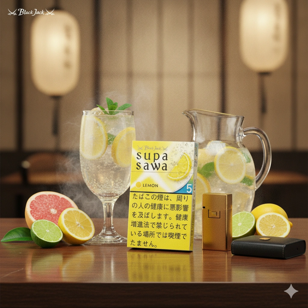 Luxury Japanese lifestyle scene featuring Black Jack Supasawa Lemon cigarette pack beside iced lemon drink, fresh citrus fruits and premium smoking accessories
