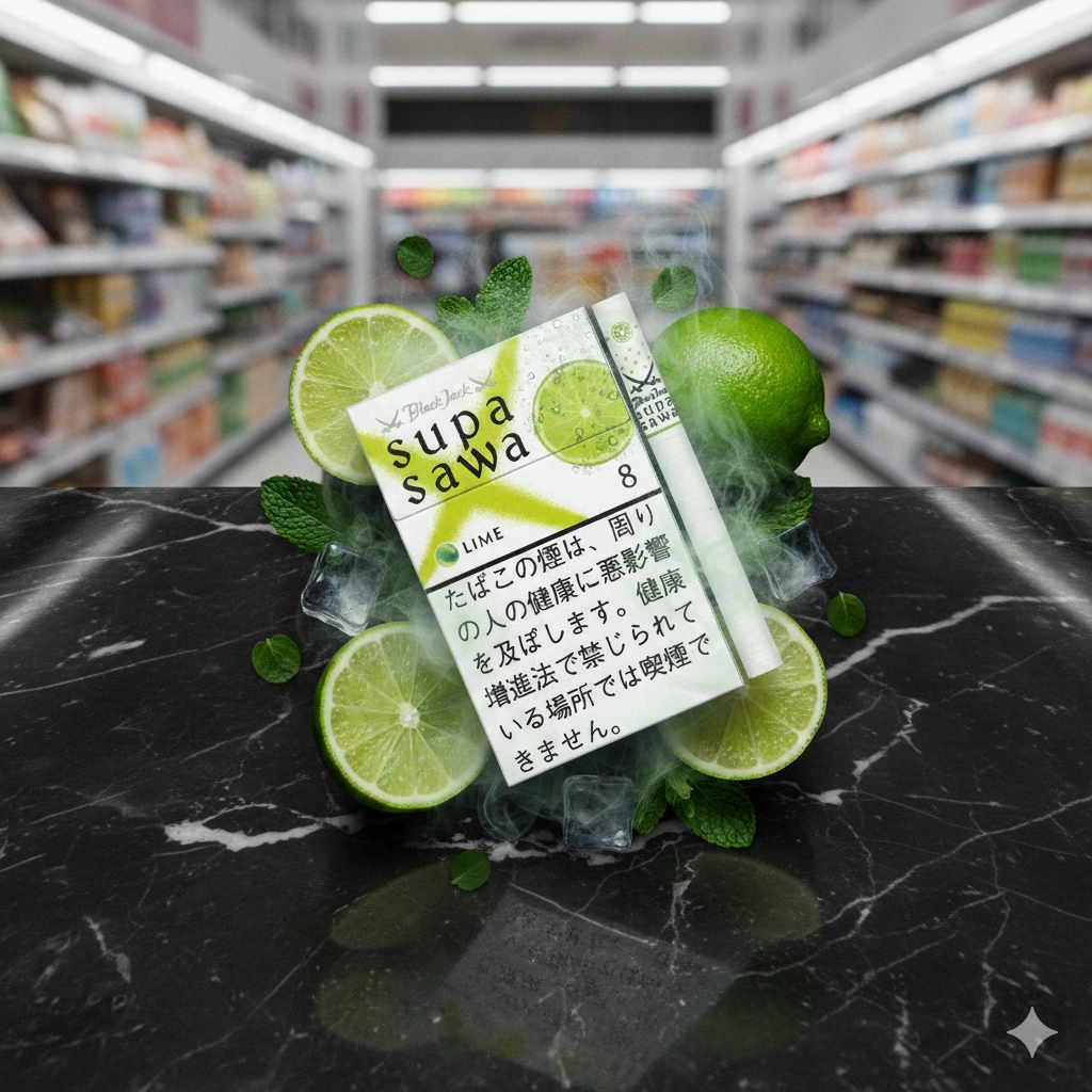 Premium Black Jack Supasawa Lime cigarette pack on black marble surface, surrounded by fresh green limes, sliced citrus fruits