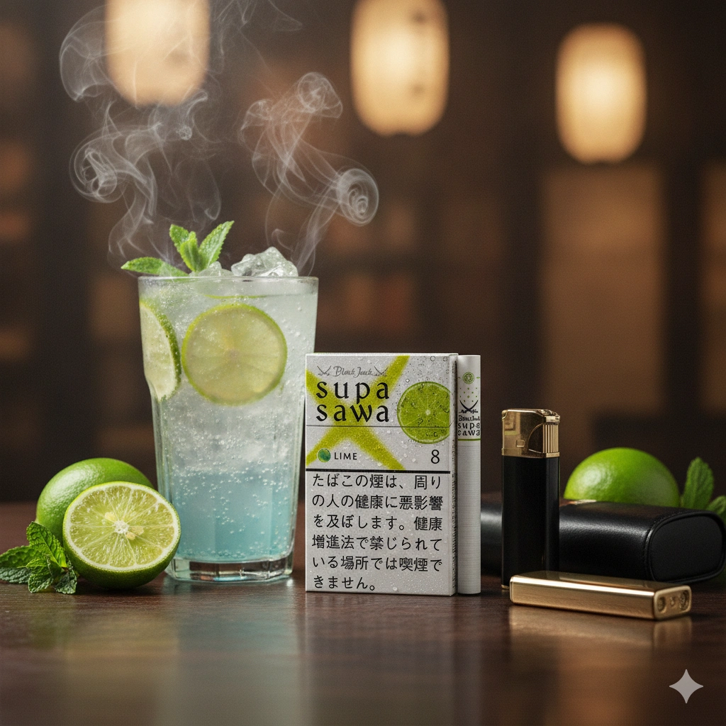 Luxury Japanese lifestyle scene featuring Black Jack Supasawa Lime cigarette pack beside iced lime soda, fresh green limes
