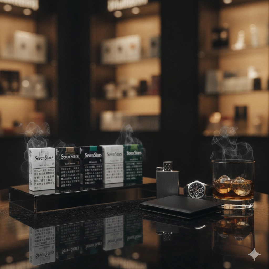 Luxury Japanese gentleman lifestyle, Seven Stars cigarette collection displayed beside premium lighter, black leather wallet, luxury wristwatch, Japanese whisky glass, dark wood table, warm ambient lighting, elegant smoke atmosphere, Tokyo luxury lounge aesthetic, premium commercial photography, photorealistic, ultra realistic, shallow depth of field, cinematic composition, 8k