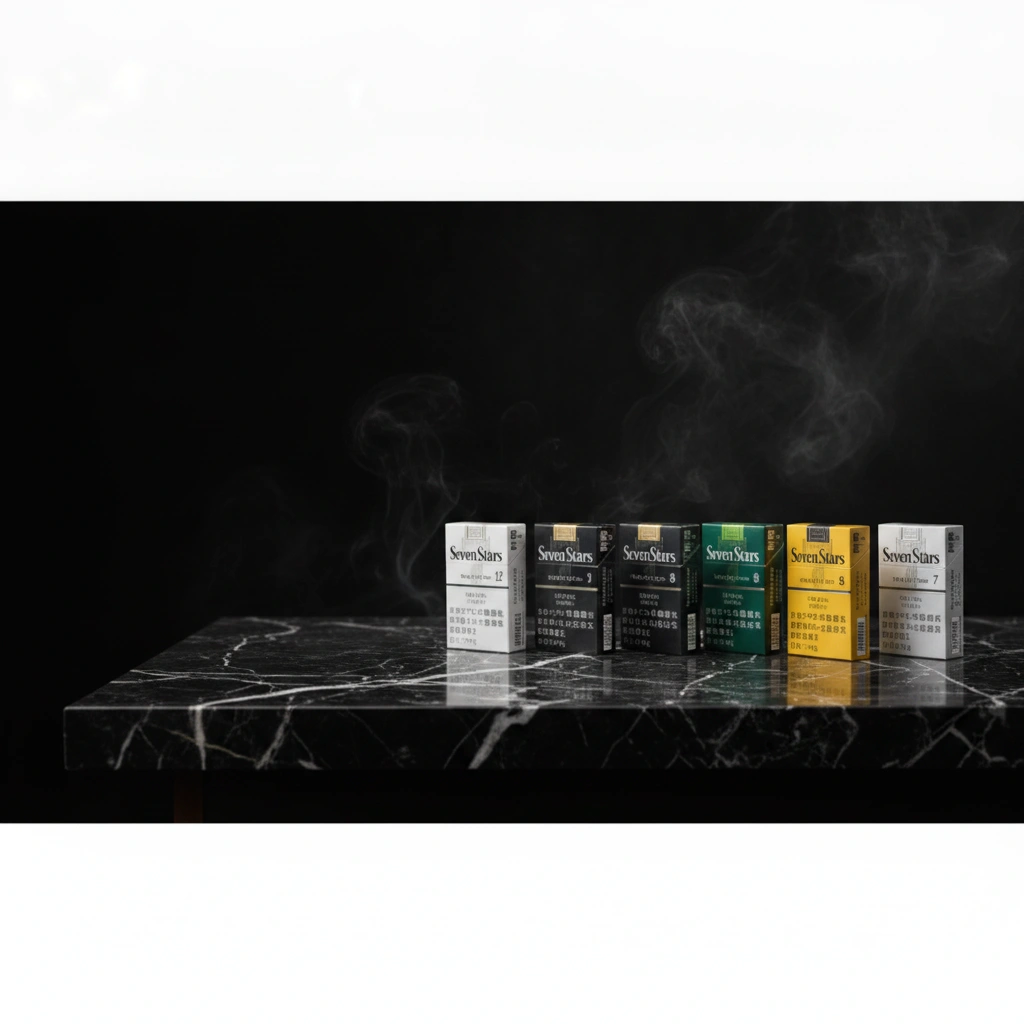 Ultra realistic Seven Stars Japanese cigarette collection, Seven Stars Soft White, Black, Yellow 10mg, Silver 7mg and Menthol 8mg & 12mg packs elegantly displayed on premium black marble counter, luxury Japanese tobacco boutique, Tokyo convenience store atmosphere, subtle cigarette smoke, warm cinematic lighting, premium commercial photography, minimalist Japanese aesthetic, photorealistic, ultra detailed, sharp focus, luxury black background, empty space on the left for website title, 8k, wide horizontal banner