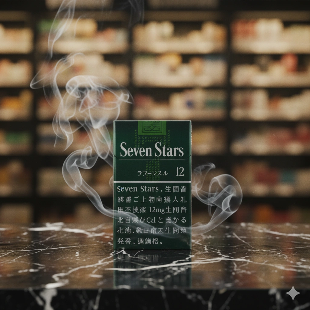 Ultra realistic close-up of Seven Stars Japanese cigarette pack on black marble surface, luxury premium tobacco product photography, elegant smoke, dramatic soft lighting, Japanese premium convenience store aesthetic, minimalist composition, photorealistic, sharp focus,