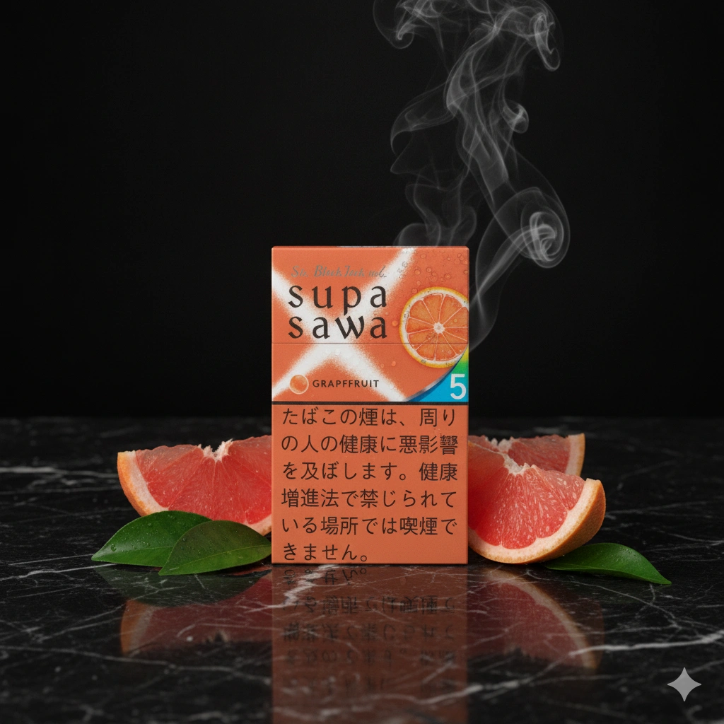 Premium Black Jack Supasawa Grapefruit Capsule cigarette pack standing on black marble surface beside fresh grapefruit slices and citrus leaves, luxury Japanese tobacco product photography, elegant smoke atmosphere, minimalist composition, photorealistic, ultra realistic, premium commercial style, 8k