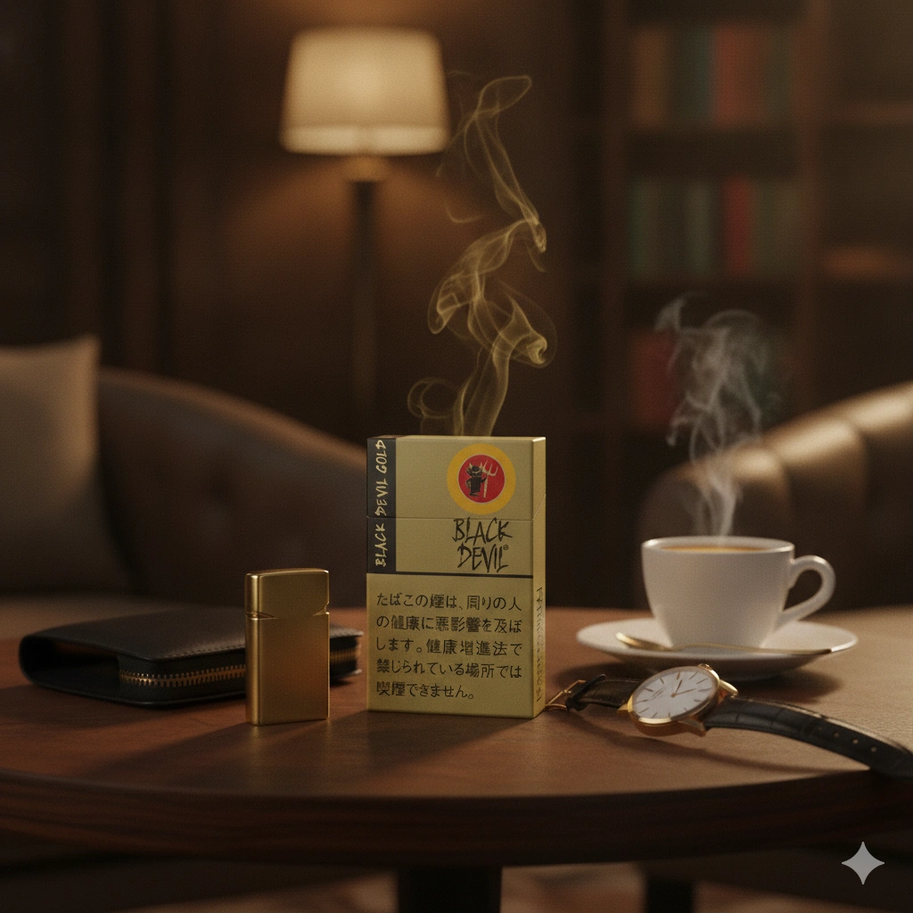 Luxury lifestyle scene featuring Black Devil Gold Vanilla cigarette pack beside a premium espresso, gold lighter, black leather wallet and elegant watch, warm golden ambient lighting, luxury lounge atmosphere, subtle smoke, sophisticated gentleman aesthetic, premium commercial photography, photorealistic, ultra detailed, cinematic composition, 8k