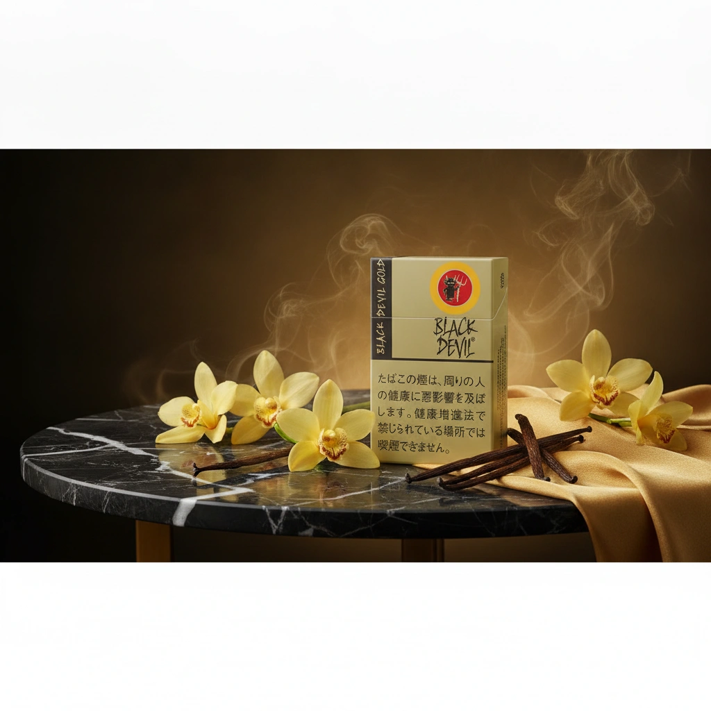 Ultra realistic Black Devil Gold Vanilla cigarette pack, luxury gold and black cigarette packaging displayed with vanilla orchids, premium vanilla pods, elegant golden silk fabric, black marble table, luxury tobacco boutique atmosphere, warm golden cinematic lighting, subtle smoke effects, premium commercial advertising photography, photorealistic, ultra detailed, sharp focus, high-end branding, 8k, wide horizontal banner, empty space on the left for website title