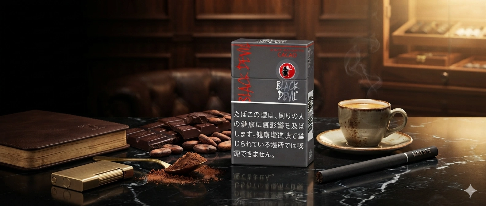 「Black Devil Chocolate」香菸包裝的超寫實奢華商業廣告攝影：極具戲劇張力的黑色背景，漂浮的可可粉，碎裂的黑巧克力塊，電影質感的煙霧，高級聚光燈效果，呈現日本高端煙草精品美學；超寫實、照片級畫質、雜誌封面水準、高端品牌質感、8K分辨率、全景、全景構圖、有空白區域。