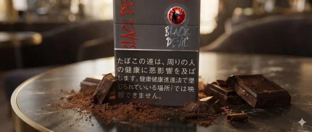 一包「黑魔鬼」（Black Devil）巧克力味香菸擺放在一杯優質意式濃縮咖啡和黑巧克力甜點旁，場景設於一家現代奢華的歐式咖啡館內；溫暖的午後陽光透過落地窗灑入，淺景深效果，氛圍優雅，電影感生活方式攝影，照片級寫實，高端商業風格.