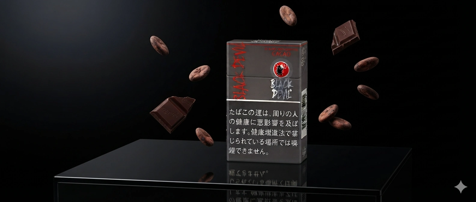 「Black Devil Chocolate」香菸盒的攝影棚產品照，豎立在具有光澤感的黑色亞克力反射面上；採用極具質感的高端奢華場景與戲劇性的柔光箱佈光；畫面中漂浮著可可豆和巧克力塊；構圖極致簡潔，呈現超寫實效果；屬於奢華奢華風格，8K分辨率。