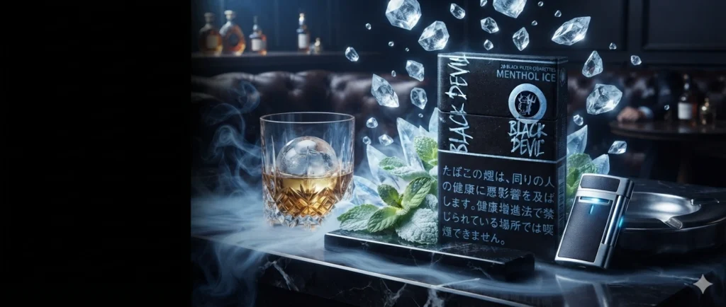 奢華夜間生活場景：威士忌酒杯旁擺放著一包「黑魔鬼」（Black Devil）薄荷味香煙，配有冰塊、薄荷葉和高檔打火機