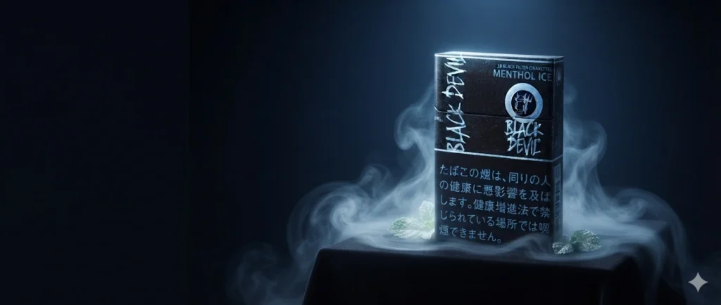 高端「黑魔鬼」（Black Devil）薄荷香菸盒矗立在光亮的黑色大理石檯面上，周圍環繞著冰塊、薄荷葉和冷冽的煙霧