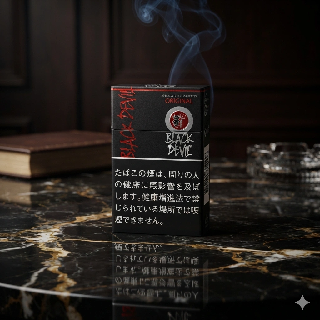 「黑魔鬼」（Black Devil）原味高級香菸盒矗立在光亮黑色大理石檯面上，極簡奢華煙草產品攝影