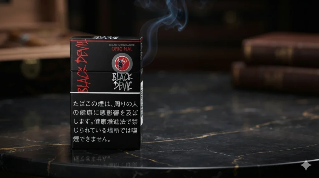 超寫實 Black Devil Original（黑魔鬼原味）香煙盒，奢華黑色煙盒陳列於深色大理石桌面上，構圖極簡，伴有淡淡煙霧，