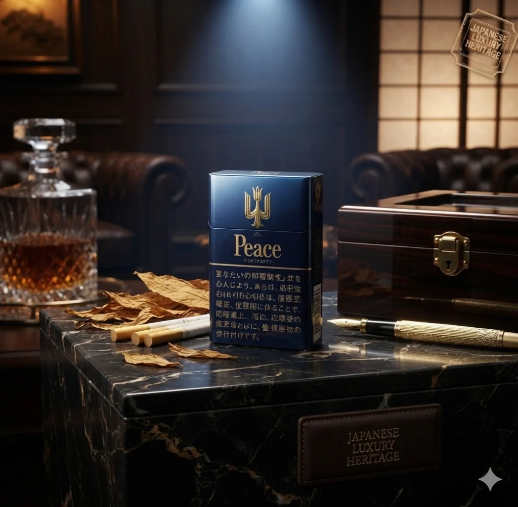 以日本奢华传统为灵感的高端概念广告:标志性的深蓝金配色 Peace 香烟包装陈列于深色大理石底座之上,在戏剧性的聚光灯照耀下,周围环绕着金色的烟叶、复古钢笔、手工木制雪茄保湿盒,营造出优雅的雪茄吧氛围;展现永恒的高端品牌格调,采用电影级布光,呈现照片级写实与超逼真质感,8K 分辨率。