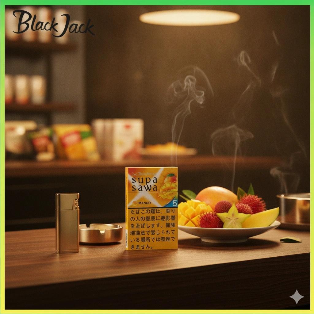Luxury Japanese convenience store inspired lifestyle scene, Black Jack Supasawa Mango cigarette pack