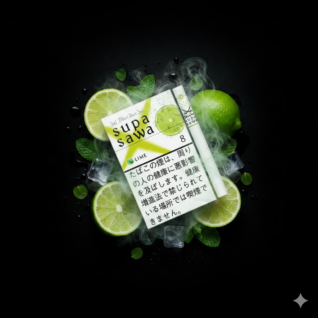 Ultra realistic Black Jack Supasawa Lime cigarette advertisement, premium Japanese lime flavored cigarette pack, fresh green limes, mint leaves