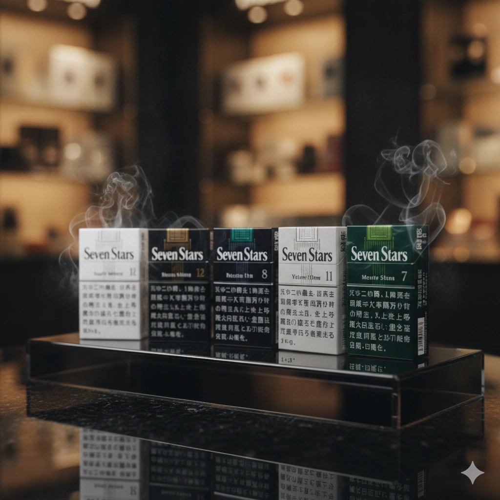 Premium Japanese Seven Stars cigarette collection, Seven Stars Soft White, Black, Yellow 10mg, Silver 7mg, Menthol 8mg and Menthol 12mg standing together in elegant composition, luxury black acrylic display, premium tobacco shop atmosphere, soft golden lighting, subtle smoke effects, modern Japanese minimalism, photorealistic, commercial advertising photography, ultra realistic, high detail, 8k