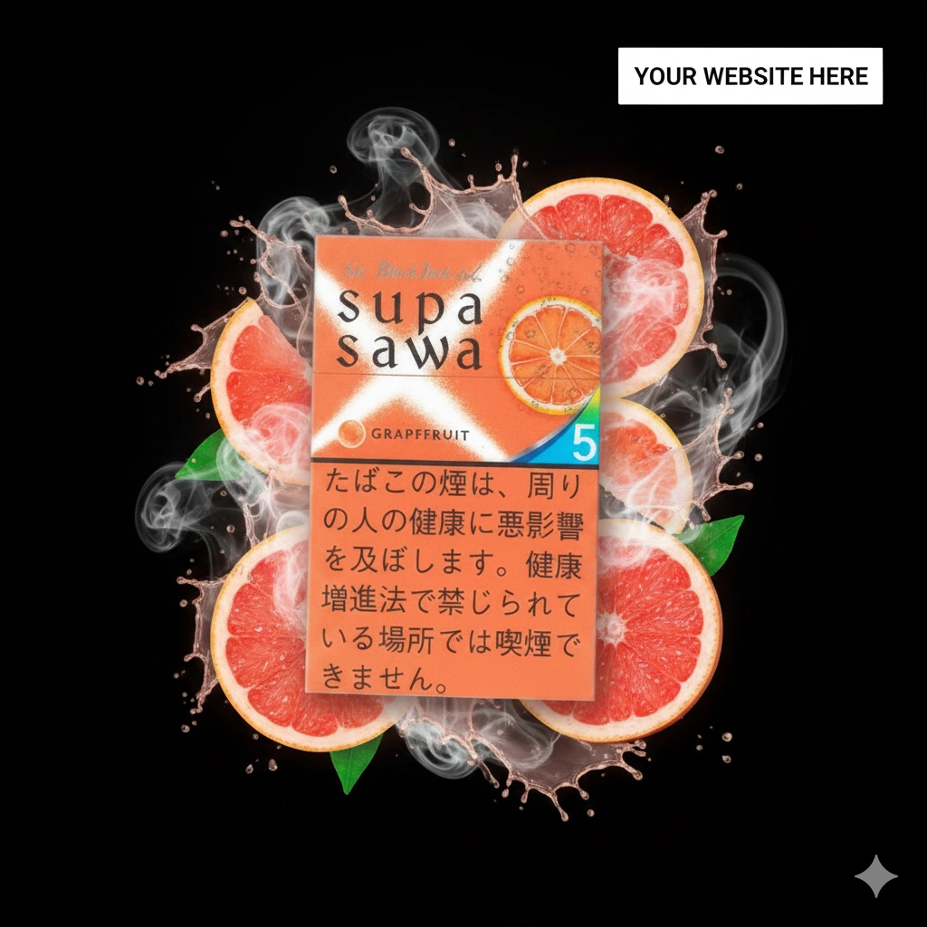 Ultra realistic Black Jack Supasawa Grapefruit Capsule cigarette advertisement, premium Japanese grapefruit flavored cigarette pack displayed with fresh pink grapefruits, grapefruit slices, citrus splashes, elegant smoke effects, luxury black background, Japanese premium tobacco boutique aesthetic, cinematic lighting, photorealistic commercial photography, ultra detailed, sharp focus, 8k, wide horizontal banner, empty space for website title