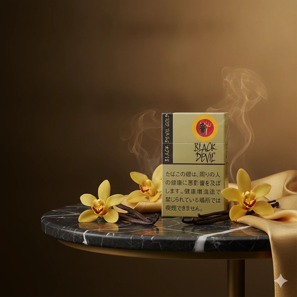 Premium Black Devil Gold Vanilla cigarette pack standing on glossy black marble, surrounded by vanilla flowers, vanilla pods and elegant golden decorations, luxury product photography, warm golden lighting, premium tobacco advertising style, minimalist composition, photorealistic, ultra realistic, sharp focus, 8k