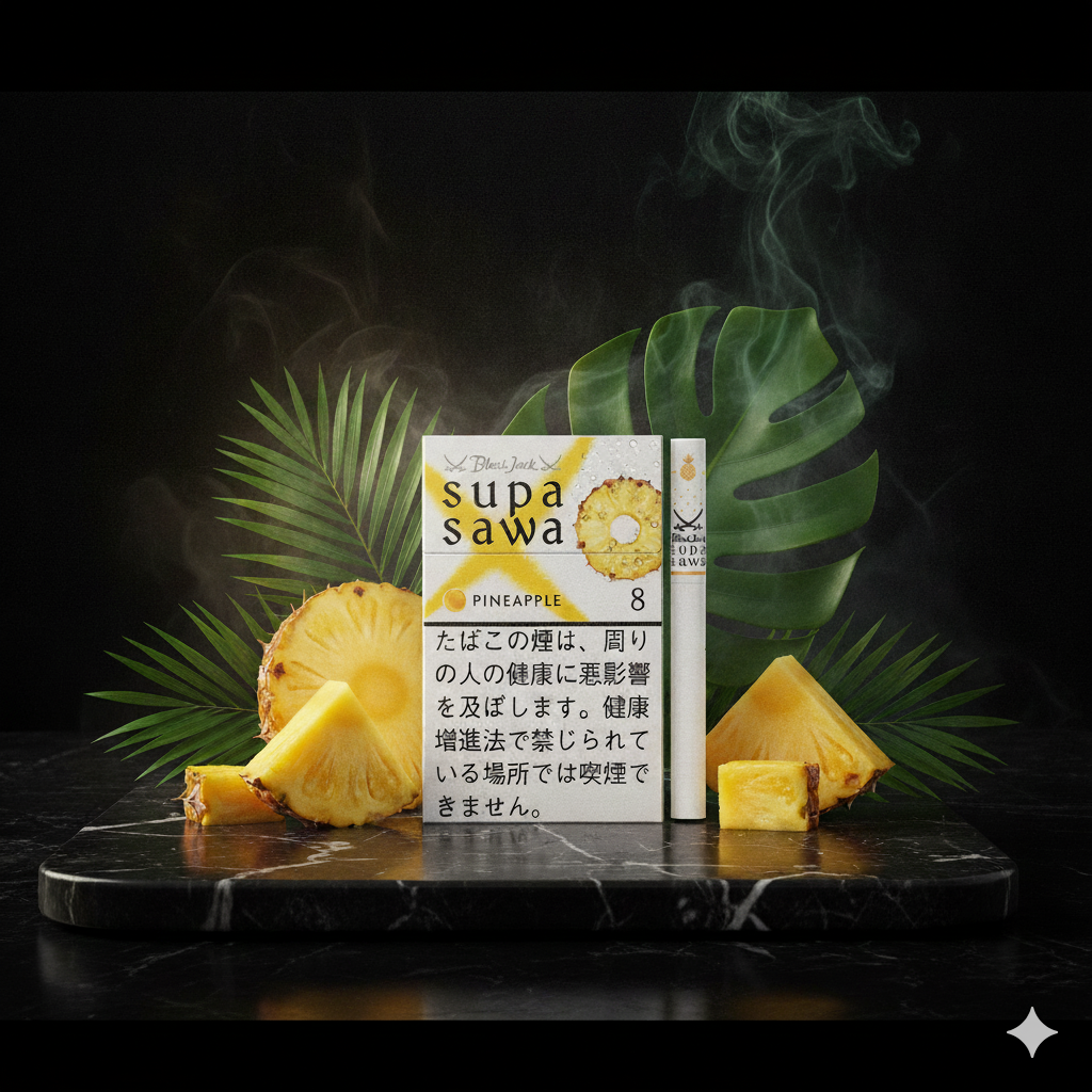 Ultra realistic Black Jack Supasawa Pineapple cigarette advertisement, premium Japanese fruit flavored cigarette pack