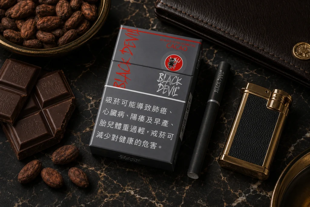 奢華風格平鋪攝影：Black Devil Chocolate（黑魔鬼巧克力口味）香菸盒、高檔打火機、皮革皮夾、黑巧克力排塊、烘焙可可豆；置於黑色大理石桌面上；構圖優雅，展現奢華生活方式；照片級質感，雜誌社論風格，超寫實，8K分辨率。