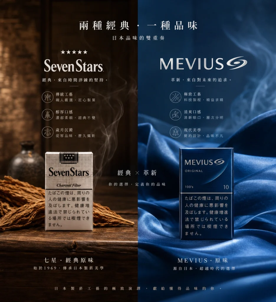 一场对比“七星”（Seven Stars）与“MEVIUS”的奢华概念广告：“七星”展现了经典的日本匠心工艺，融合了优雅的烟叶、如奶油般细腻的白烟与复古木质纹理；“MEVIUS”则体现了现代极简的日式美学，呈现出流动的蓝色丝绸、晶莹剔透的烟雾以及纯净高级的质感。画面采用艺术化的品牌叙事手法，运用电影级布光，呈现杂志封面级的视觉效果，极致写实