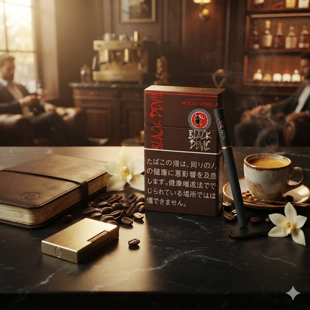 展現奢華咖啡館生活方式的畫面：一杯現煮意式濃縮咖啡旁擺放著「黑魔鬼」（Black Devil）摩卡香草味香煙盒，周圍環繞著烘焙咖啡豆、香草蘭花、高級皮革筆記本和精緻打火機；場景沐浴在溫暖的午後陽光中，營造出格調高雅的咖啡館氛圍；採用高功率商業結構，具有低倍感光度品牌。