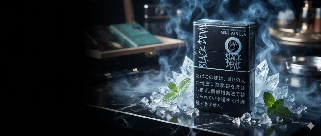 超寫實「黑魔鬼」（Black Devil）薄荷香菸包裝，奢華黑色包裝配以冰藍色點綴，周圍環繞著冰晶、薄荷葉與冷色調煙霧效果，置於深色大理石檯面上