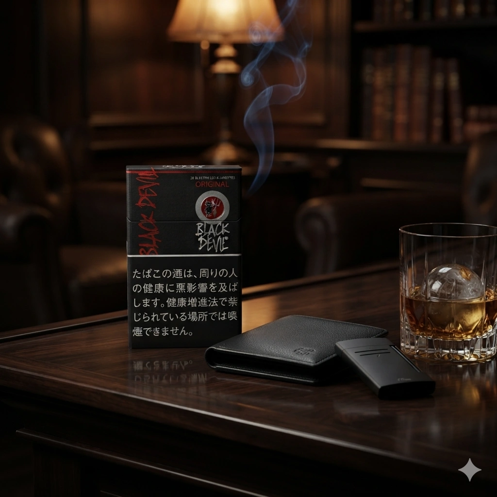 Black Devil Original（黑魔鬼原味）香煙盒置於黑色皮革錢包、高檔打火機及威士忌酒杯旁
